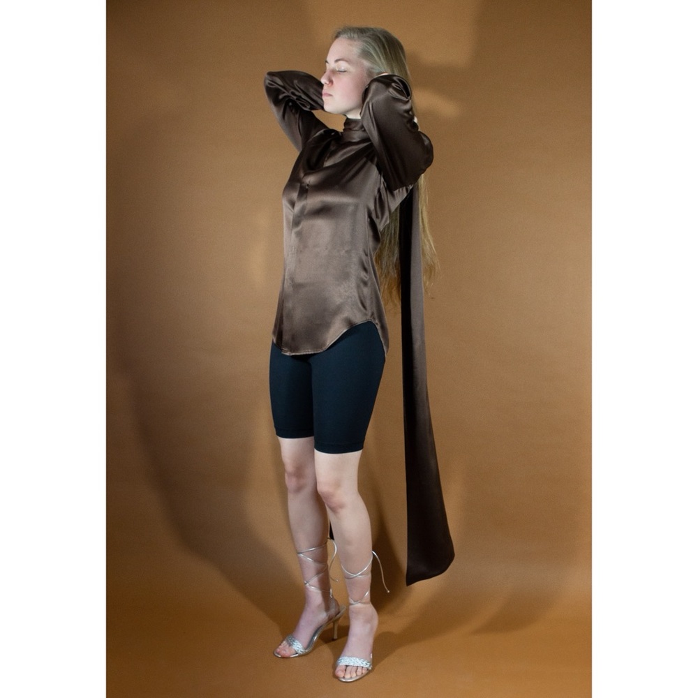Ralph Lauren espresso neck wrap silk blouse